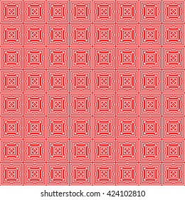 Seamless pattern with symmetric geometric ornament. Striped red white abstract background. Abstract repeated squares, rhombuses and triangles wallpaper. Vector illustration