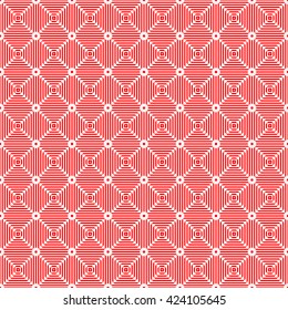 Seamless pattern with symmetric geometric ornament. Striped red white abstract background. Abstract repeated squares, rhombuses and triangles wallpaper. Vector illustration