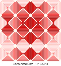 Seamless pattern with symmetric geometric ornament. Striped red white abstract background. Abstract repeated squares, rhombuses and triangles wallpaper. Vector illustration