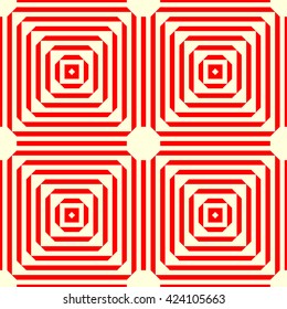 Seamless pattern with symmetric geometric ornament. Striped red white abstract background. Abstract repeated squares, rhombuses and triangles wallpaper. Vector illustration