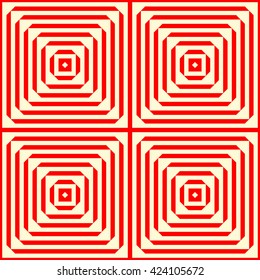 Seamless pattern with symmetric geometric ornament. Striped red white abstract background. Abstract repeated squares, rhombuses and triangles wallpaper. Vector illustration