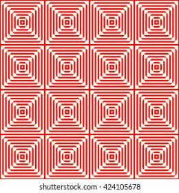 Seamless pattern with symmetric geometric ornament. Striped red white abstract background. Abstract repeated squares, rhombuses and triangles wallpaper. Vector illustration
