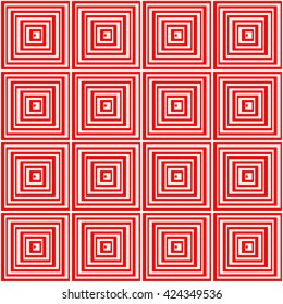 Seamless pattern with symmetric geometric ornament. Striped red white abstract background. Abstract repeated squares wallpaper. Vector illustration