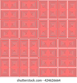 Seamless pattern with symmetric geometric ornament. Striped red white abstract background. Abstract repeated squares wallpaper. Vector illustration