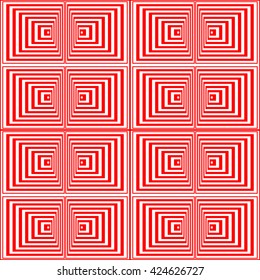 Seamless pattern with symmetric geometric ornament. Striped red white abstract background. Abstract repeated squares wallpaper. Vector illustration