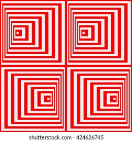 Seamless pattern with symmetric geometric ornament. Striped red white abstract background. Abstract repeated squares wallpaper. Vector illustration
