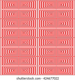 Seamless pattern with symmetric geometric ornament. Striped red white abstract background. Abstract repeated squares wallpaper. Vector illustration