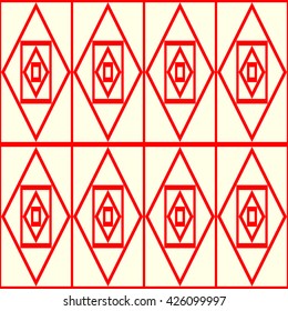 Seamless pattern with symmetric geometric ornament. Red geometrical figures abstract background. Abstract repeated squares, rhombuses and triangles wallpaper. Vector illustration