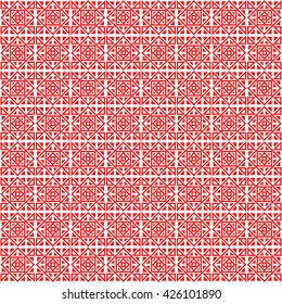 Seamless pattern with symmetric geometric ornament. Red geometrical figures abstract background. Abstract repeated squares, rhombuses and triangles wallpaper. Vector illustration