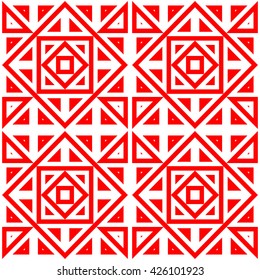 Seamless pattern with symmetric geometric ornament. Red geometrical figures abstract background. Abstract repeated squares, rhombuses and triangles wallpaper. Vector illustration