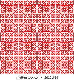 Seamless pattern with symmetric geometric ornament. Red geometrical figures abstract background. Abstract repeated squares, rhombuses and triangles wallpaper. Vector illustration