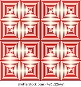 Seamless pattern with symmetric geometric ornament. Repeating breaking red lines abstract background. Abstract repeated stylized squares wallpaper. Vector illustration