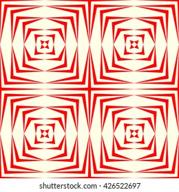 Seamless pattern with symmetric geometric ornament. Repeating breaking red lines abstract background. Abstract repeated stylized squares wallpaper. Vector illustration