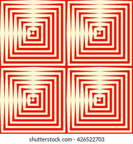 Seamless pattern with symmetric geometric ornament. Repeating breaking red lines abstract background. Abstract repeated stylized squares wallpaper. Vector illustration