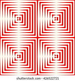 Seamless pattern with symmetric geometric ornament. Repeating breaking red lines abstract background. Abstract repeated stylized squares wallpaper. Vector illustration