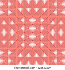 Seamless pattern with symmetric geometric ornament. Repeating breaking red lines abstract background. Abstract repeated stylized squares wallpaper. Vector illustration