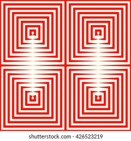 Seamless pattern with symmetric geometric ornament. Repeating breaking red lines abstract background. Abstract repeated stylized squares wallpaper. Vector illustration