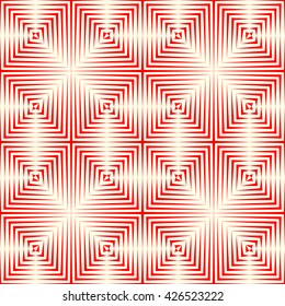 Seamless pattern with symmetric geometric ornament. Repeating breaking red lines abstract background. Abstract repeated stylized squares wallpaper. Vector illustration