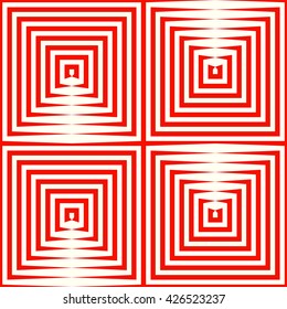 Seamless pattern with symmetric geometric ornament. Repeating breaking red lines abstract background. Abstract repeated stylized squares wallpaper. Vector illustration