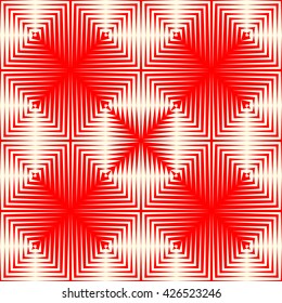 Seamless pattern with symmetric geometric ornament. Repeating breaking red lines abstract background. Abstract repeated stylized squares wallpaper. Vector illustration