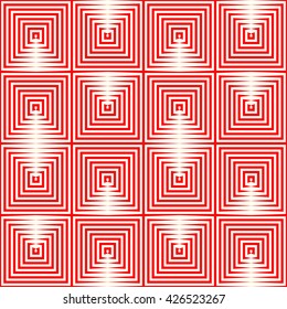 Seamless pattern with symmetric geometric ornament. Repeating breaking red lines abstract background. Abstract repeated stylized squares wallpaper. Vector illustration