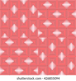 Seamless pattern with symmetric geometric ornament. Repeating breaking red lines abstract background. Abstract repeated stylized squares wallpaper. Vector illustration