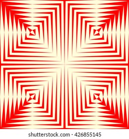 Seamless pattern with symmetric geometric ornament. Repeating breaking red lines abstract background. Abstract repeated stylized squares wallpaper. Vector illustration