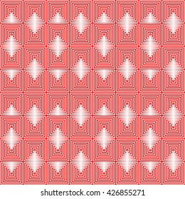 Seamless pattern with symmetric geometric ornament. Repeating breaking red lines abstract background. Abstract repeated stylized squares wallpaper. Vector illustration