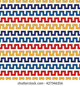 Seamless pattern with symmetric geometric ornament. Zigzag bright ethnic abstract background. Curved lines abstract repeated wallpaper. Vector illustration