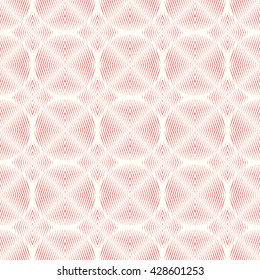 Seamless pattern with symmetric geometric ornament. Red sharp lines and diamond shaped spheres abstract background. Optical illusion effect wallpaper. Vector illustration