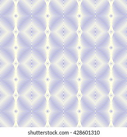 Seamless pattern with symmetric geometric ornament. Blue sharp lines, triangles, squares and diamond shaped spheres abstract background. Optical illusion effect wallpaper. Vector illustration