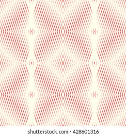 Seamless pattern with symmetric geometric ornament. Red sharp lines and diamond shaped spheres abstract background. Optical illusion effect wallpaper. Vector illustration