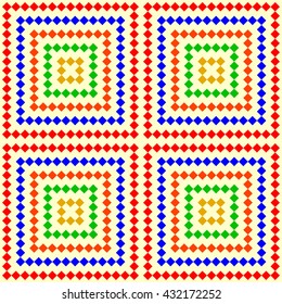 Seamless pattern with symmetric geometric ornament. Color squares and rhombuses abstract on flat solid background. Ornament picture wallpaper. Vector illustration