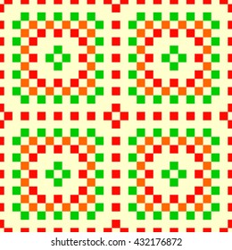 Seamless pattern with symmetric geometric ornament. Color squares abstract on flat solid background. Ornament picture wallpaper. Vector illustration