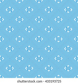 Seamless pattern with symmetric geometric ornament. Blue lines and rhombuses abstract background. Ornament picture wallpaper. Vector illustration