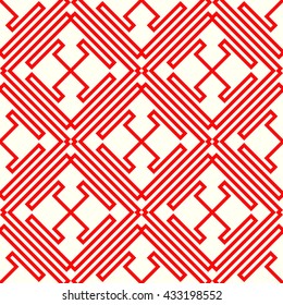 Seamless pattern with symmetric geometric ornament. Red curve abstract background. Ornament picture wallpaper. Vector illustration