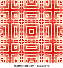 Seamless pattern with symmetric geometric ornament. Red rhombuses, squares and curves abstract background. Ornament picture wallpaper. Vector illustration