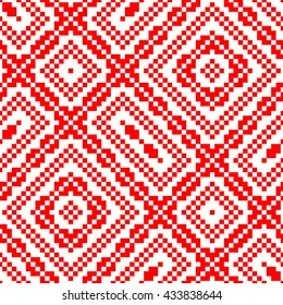 Seamless pattern with symmetric geometric ornament. Red rhombuses, squares and curves abstract background. Ornament picture wallpaper. Vector illustration