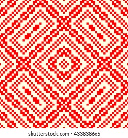 Seamless pattern with symmetric geometric ornament. Red rhombuses, squares and curves abstract background. Ornament picture wallpaper. Vector illustration
