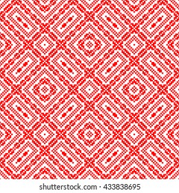 Seamless pattern with symmetric geometric ornament. Red rhombuses, squares and curves abstract background. Ornament picture wallpaper. Vector illustration