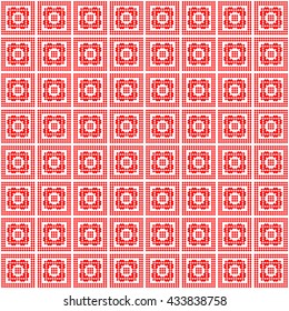 Seamless pattern with symmetric geometric ornament. Red rhombuses, squares and curves abstract background. Ornament picture wallpaper. Vector illustration