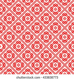 Seamless pattern with symmetric geometric ornament. Red rhombuses, squares and curves abstract background. Ornament picture wallpaper. Vector illustration