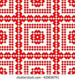 Seamless pattern with symmetric geometric ornament. Red rhombuses, squares and curves abstract background. Ornament picture wallpaper. Vector illustration