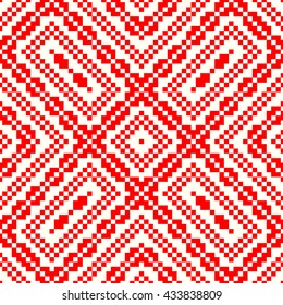 Seamless pattern with symmetric geometric ornament. Red rhombuses, squares and curves abstract background. Ornament picture wallpaper. Vector illustration