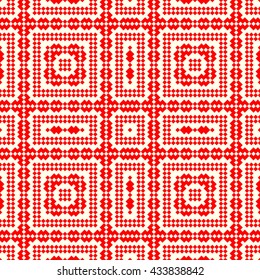 Seamless pattern with symmetric geometric ornament. Red rhombuses, squares and curves abstract background. Ornament picture wallpaper. Vector illustration