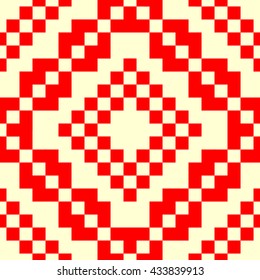 Seamless pattern with symmetric geometric ornament. Red rhombuses, squares and curves abstract background. Ornament picture wallpaper. Vector illustration