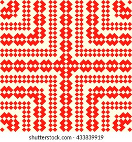 Seamless pattern with symmetric geometric ornament. Red rhombuses, squares and curves abstract background. Ornament picture wallpaper. Vector illustration