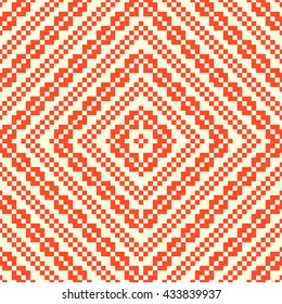Seamless pattern with symmetric geometric ornament. Orange rhombuses, squares and curves abstract background. Ornament picture wallpaper. Vector illustration