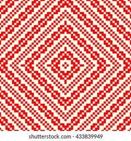 Seamless pattern with symmetric geometric ornament. Red rhombuses, squares and curves abstract background. Ornament picture wallpaper. Vector illustration