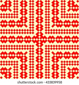 Seamless pattern with symmetric geometric ornament. Red rhombuses, squares and curves abstract background. Ornament picture wallpaper. Vector illustration